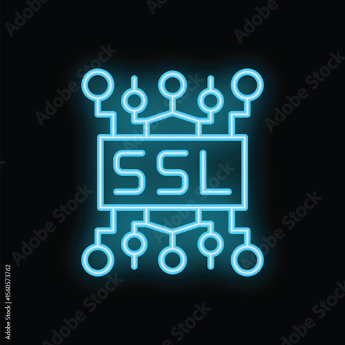 Neon blue icon glowing on a black background representing ssl secure socket layer encryption