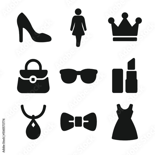 High Fashion Icons. Solid, filled icon set of high fashion and style: high heels, runway model, crown hat, designer bag,