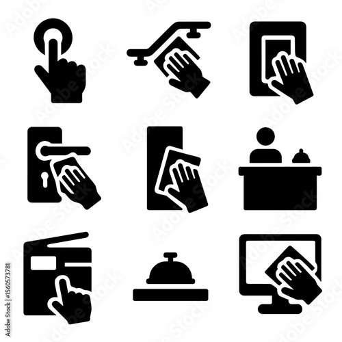 High-Touch Surface Icons. Solid, filled icon set of high-touch surface cleaning: elevator button, handrail wipe, light switch,