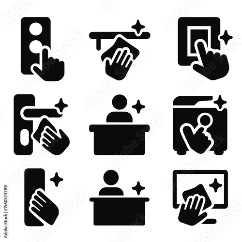 High-Touch Surface Icons. Solid, filled icon set of high-touch surface cleaning: elevator button, handrail wipe, light switch,