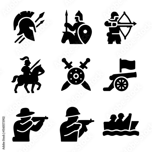 Historic Battle Icons. Solid, filled icon set of famous historical battles: Battle of Thermopylae, Battle of Hastings, Battle of