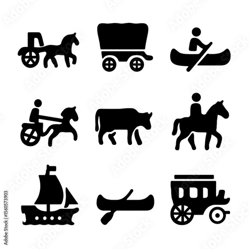 Historical Transport Icons. Solid, filled icon set of historical reenactment transportation: horse carriage, wooden wagon, rowboat