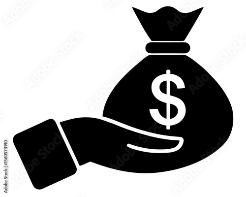 Hand holding money bag silhouette flat vector illustration. A hand holding a money bag silhouette vector art.