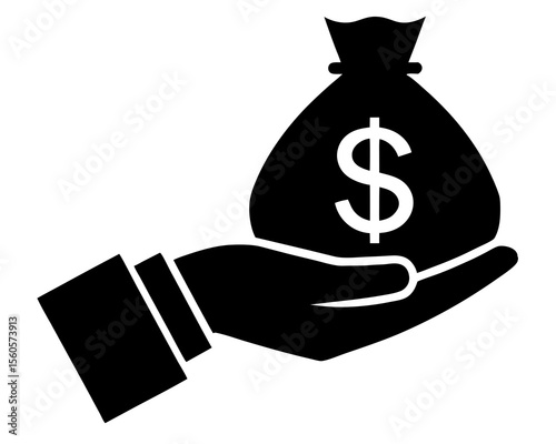 Hand holding money bag silhouette flat vector illustration. A hand holding a money bag silhouette vector art.