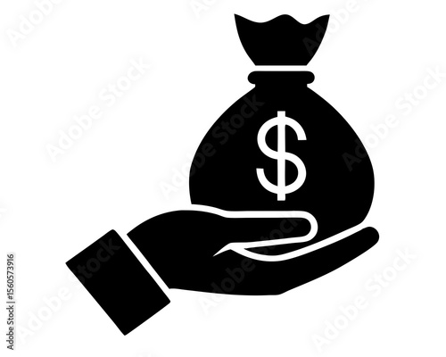 Hand holding money bag silhouette flat vector illustration. A hand holding a money bag silhouette vector art.
