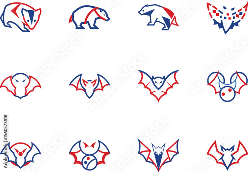Several abstract red and blue animal and bat logo icons are neatly arranged over white