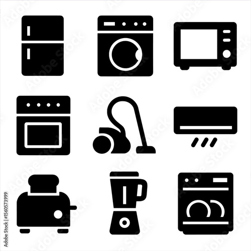 Home Appliance Icons. Solid, filled icon set of home appliances: refrigerator, washing machine, microwave, oven, vacuum cleaner,