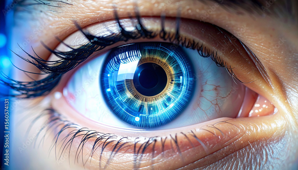 Fototapeta premium Cybernetic Gaze: A captivating close-up showcases a technologically enhanced eye, its iris and surrounding structures imbued with a vibrant, futuristic aesthetic.