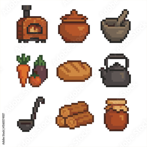 Home Cooking Essentials. Pixel art icon set of home cooking essentials: wood stove, clay pot, mortar and pestle, fresh vegetables,