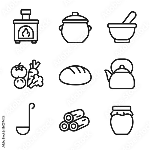 Home Cooking Icons. Outline icon set of home cooking essentials: wood stove, clay pot, mortar and pestle, fresh vegetables, loaf