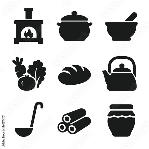 Home Cooking Icons. Solid, Filled icon set of home cooking essentials: wood stove, clay pot, mortar and pestle, fresh vegetables,
