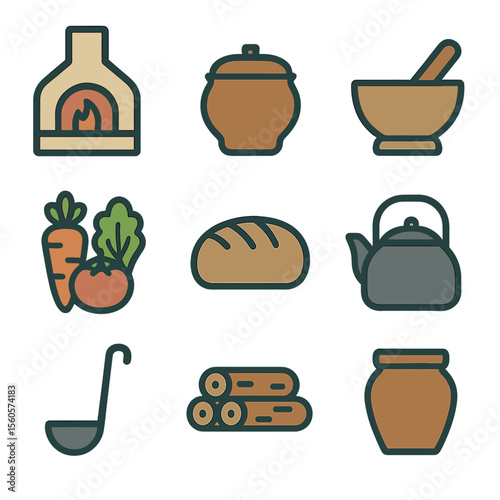 Home Cooking Icons. Flat icon set of home cooking essentials: wood stove, clay pot, mortar and pestle, fresh vegetables, loaf of
