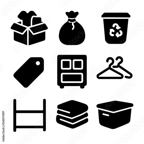 Home Decluttering Icons. Solid, filled icon set of decluttering your home: donation box, trash bag, recycle bin, label tag, drawer