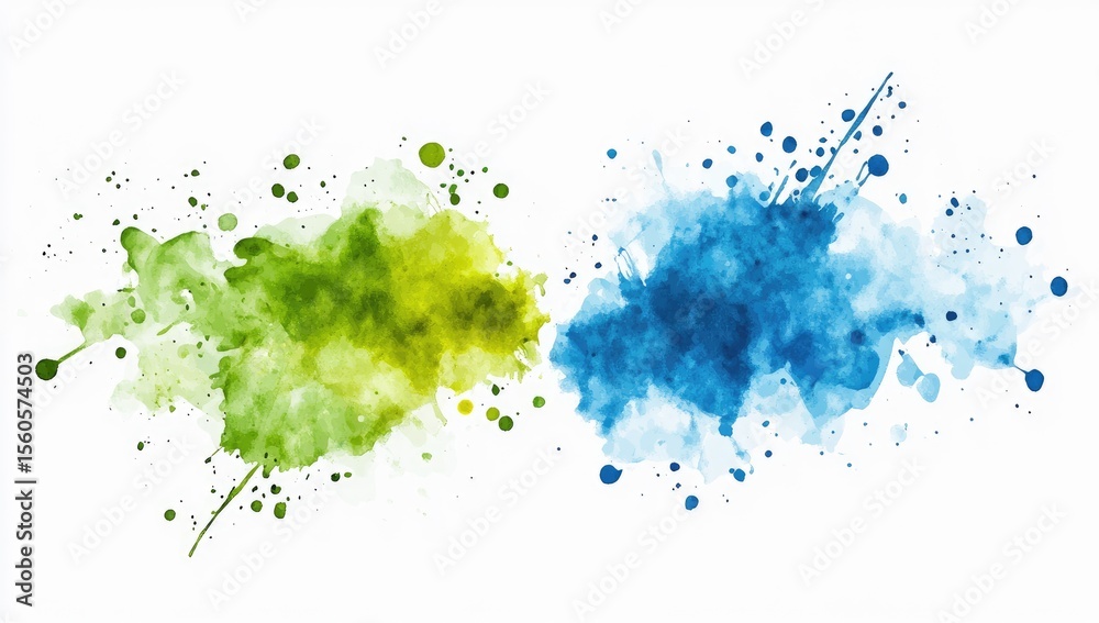 Obraz premium Abstract watercolor splatter art. Two vibrant clusters of color?green-yellow and blue?on a white background. Distinct splatter textures and soft blended edges