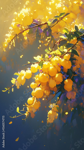 Artistic depiction of mimosa blossoms on a swaying branch, showcasing airy yellow flowers and tender green foliage in a tranquil and refined minimalist style
