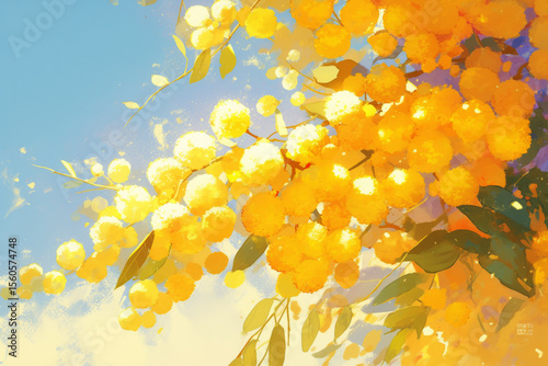 A minimalist nature illustration of a mimosa branch with delicate yellow blossoms swaying gently in the breeze, serene and softly flowing