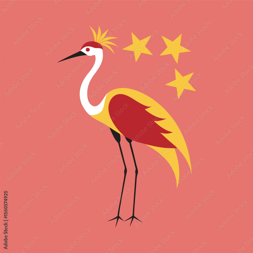 Obraz premium Red Crowned Crane With China Flag Vector