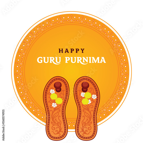 Happy Guru Purnima concept with sacred paduka footwear for Guru worship. Greeting card, poster, banner design with mandala art and elegant typography.