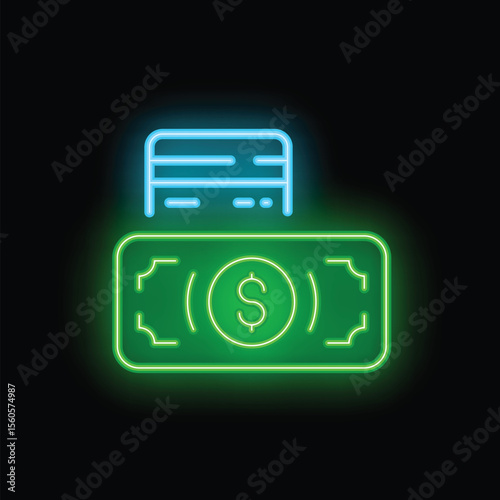 Bright neon sign showing a credit card above a dollar bill, representing online payment and financial transactions