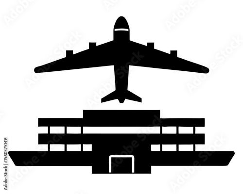 Airport with plane and facilities silhouette vector, Aircraft landed at airport. vector illustration