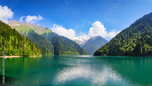 lake ritsa panoramic summer view beautiful summer nature landscape of lake ritsa in abkhazia caucasus mountains and ritsa lake waters background wallpaper