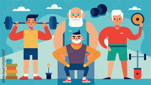 In a gym men of all ages and fitness levels work out together each one focused on their own journey and embracing their unique body types.. Vector illustration