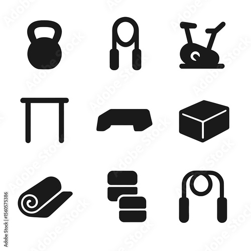 Home Fitness Essentials Icons. Solid, filled icon set of home fitness equipment: kettlebell, jump rope, exercise bike, pull-up bar