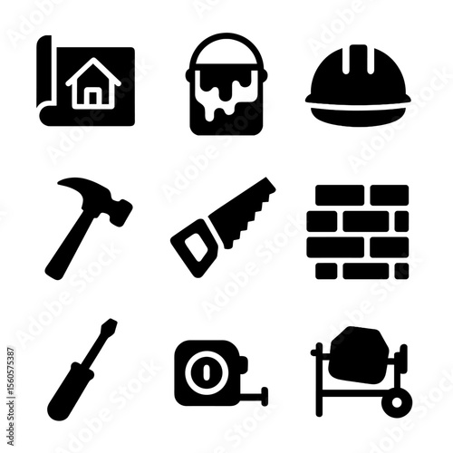 Home Improvement Icons. Solid, filled icon set of home improvements: blueprint, paint bucket, construction helmet, hammer, saw,