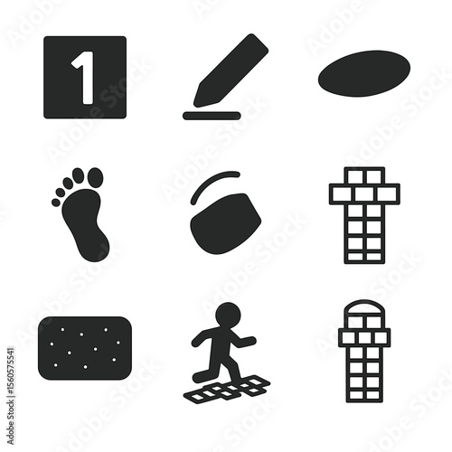 Hopscotch Icon Set. Solid, filled icon set of hopscotch squares: numbered square, chalk line, skipping stone, jump foot, tossed