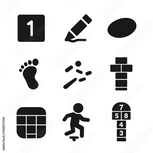 Hopscotch Icon Set. Solid, filled icon set of hopscotch squares: numbered square, chalk line, skipping stone, jump foot, tossed