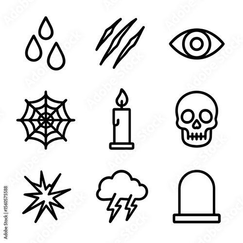 Horror Icon Set. Outline icon set of horror motif: blood drip, claw mark, open eye, candle, spider web, skull, broken glass,