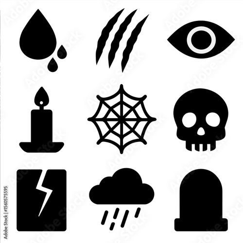 Horror Motif Icons. Solid, Filled icon set of horror motif: blood drip, claw mark, open eye, candle, spider web, skull, broken