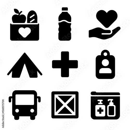 Humanitarian Aid Icons. Solid, filled icon set of humanitarian aid efforts: food box, water bottle, heart in hand, tent, first aid