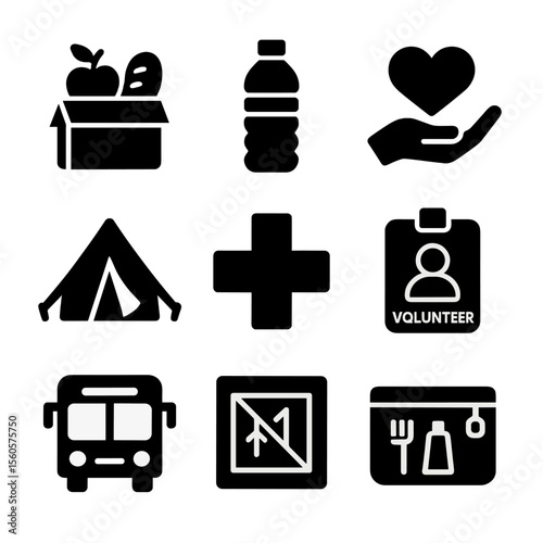 Humanitarian Aid Icons. Solid, filled icon set of humanitarian aid efforts: food box, water bottle, heart in hand, tent, first aid