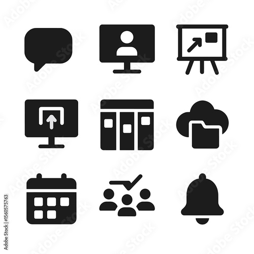 Hybrid Work Icon Set. Solid, filled icon set of hybrid work collaboration tools: chat app, video conference, shared whiteboard,