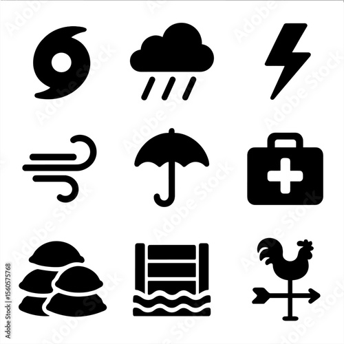 Hurricane Preparedness Icons. Solid, filled icon set of hurricane and storm symbols: swirling cyclone, rain cloud, lightning bolt,
