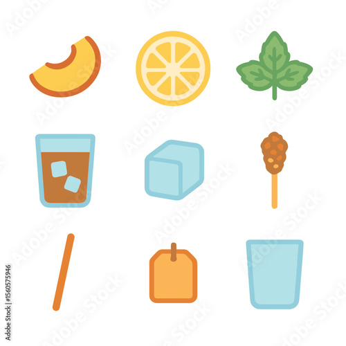 Iced Fruit Tea Icons. Flat icon set of iced fruit tea infusions: peach slice, lemon wheel, mint sprig, brewed tea glass, ice cube,