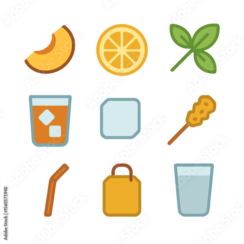 Iced Fruit Tea Icons. Flat icon set of iced fruit tea infusions: peach slice, lemon wheel, mint sprig, brewed tea glass, ice cube,