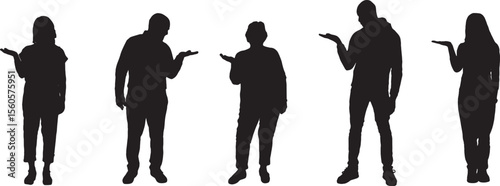 Vector; silhouette of a group front view of a people showing and looking at an imaginary object in her hand