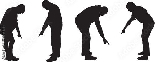 Vector; silhouette of a group of people pointing their fingers at the ground