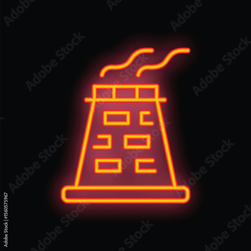 Bright neon icon of an industrial factory with smoke billowing from its chimney, set against a dark background