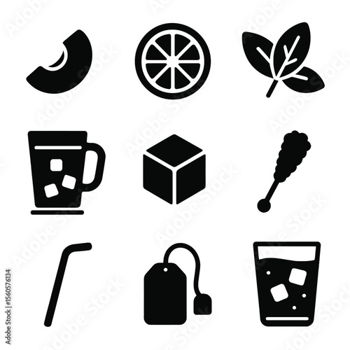 Iced Tea Icon Set. Solid, Filled icon set of iced fruit tea infusions: peach slice, lemon wheel, mint sprig, brewed tea glass, ice