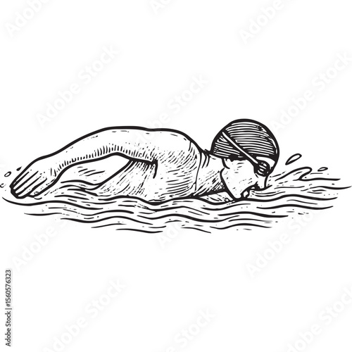 Swimmer in breaststroke, arms forward, water ripples, detailed drawing