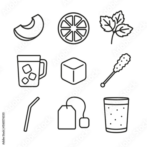 Iced Tea Icon Set. Outline icon set of iced fruit tea infusions: peach slice, lemon wheel, mint sprig, brewed tea glass, ice cube,