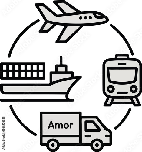 Global logistics network featuring diverse transportation methods with an airplane, ship, train, and truck representing freight services