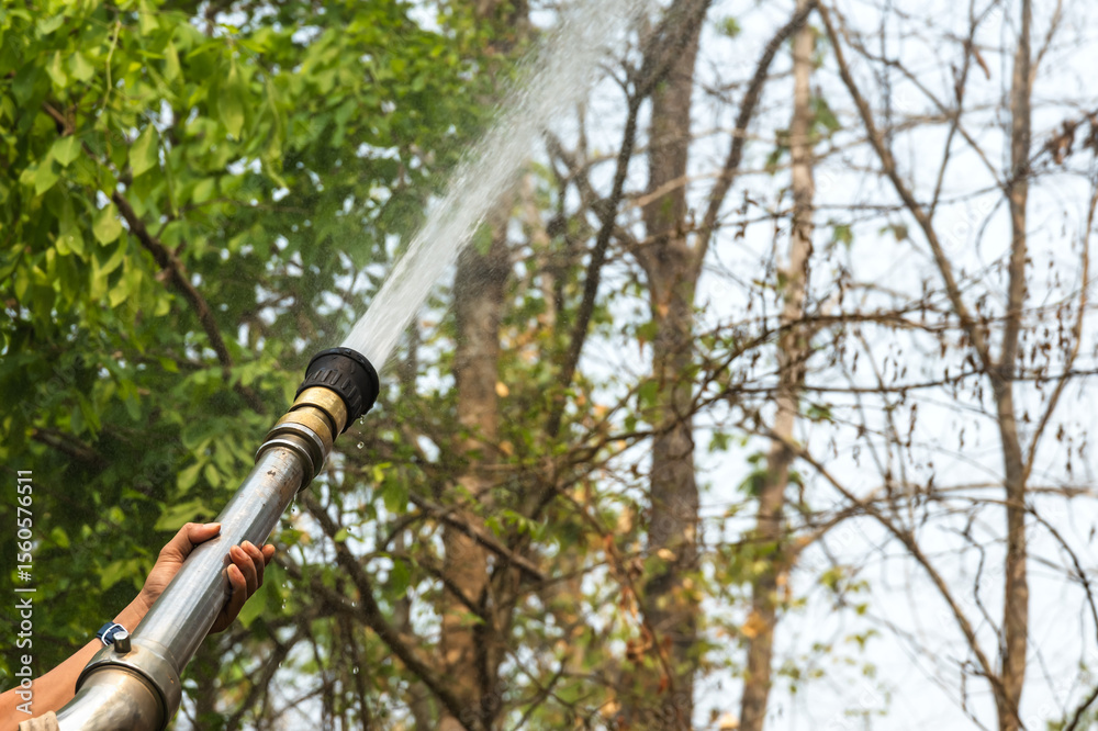 Fototapeta premium Huge powerful hose watering battle with brush fire 