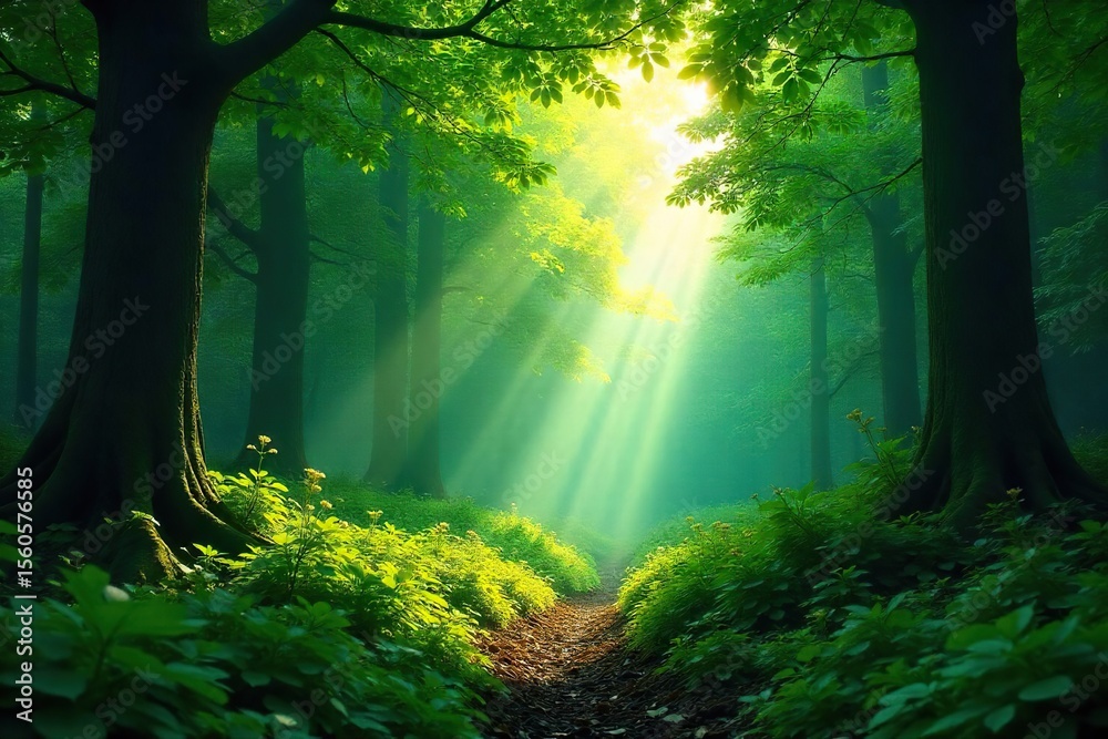 Obraz premium Sunbeams Dance Through Lush Forest Canopy, Illuminating Tranquil Forest Floor