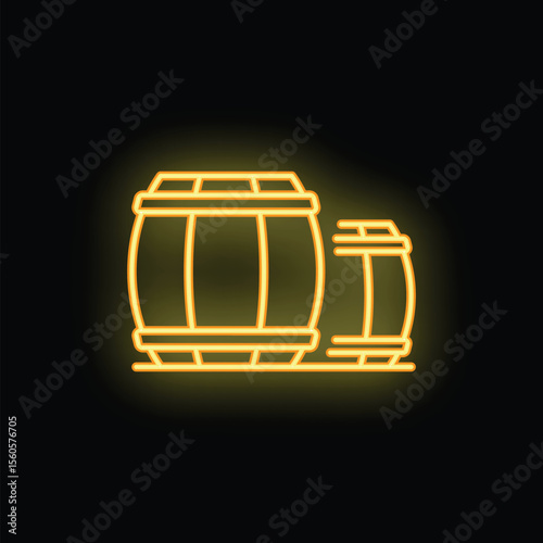 Yellow neon sign depicting two wooden barrels is glowing on a black background