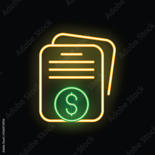 Glowing neon icon of a contract with a dollar sign representing a successful business deal