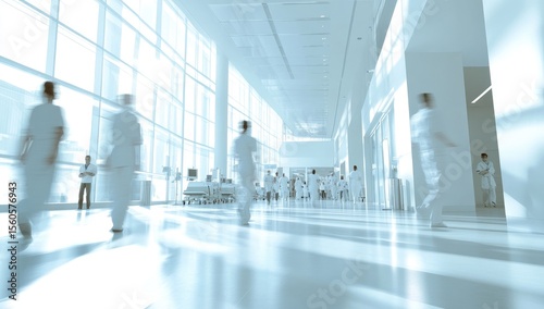Busy hospital corridor, many people in white